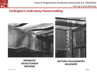 181
Cardington’s multi-storey framed building
INSTABILITA’
LOCALE FLANGIA
INFERIORE
ROTTURA COLLEGAMENTO
BULLONATO
Corso di Progettazione Strutturale Antincendio A.A. 2018/2019
Prof. Ing. Franco Bontempi
18/04/2023
 