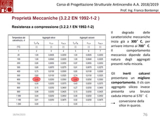 76
Proprietà Meccaniche (3.2.2 EN 1992-1-2 )
Resistenza a compressione (3.2.2.1 EN 1992-1-2)
Il degrado delle
caratteristiche meccaniche
inizia già a 300°C, per
arrivare intorno ai 700°C.
Il comportamento
meccanico dipende dalla
natura degli aggregati
presenti nella miscela.
Gli inerti calcarei
presentano un migliore
comportamento. Il cls con
aggregato siliceo invece
presenta una brusca
caduta intorno ai 570°C
conversione della
silice in quarzo.
Corso di Progettazione Strutturale Antincendio A.A. 2018/2019
Prof. Ing. Franco Bontempi
18/04/2023
 