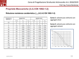 77
Proprietà Meccaniche (3.2.2 EN 1992-1-2)
Riduzione resistenza caratteristica 𝒇𝒄𝒌 (4.2.4.2 EN 1992-1-2)
Curva 1: calcestruzzo ordinario con
aggregati silicei
Curva 2: calcestruzzo ordinario con
aggregati calcarei
Corso di Progettazione Strutturale Antincendio A.A. 2018/2019
Prof. Ing. Franco Bontempi
18/04/2023
 