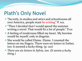 Plath’s Only Novel“Secretly, in studies and attics and schoolrooms all over America, people must be writing.” P. 102.“Then I decided that I would spend the summer writing a novel. That would fix a lot of people.” P.121A feeling of tenderness filled my heart. My heroine would be myself, only in disguise.  She would be called Elaine. Elaine. I counted the letters on my fingers. There were six letters in Esther, too. It seemed a lucky thing. (p. 120)There are six letters in Sylvia, too. (It seems a lucky thing.)