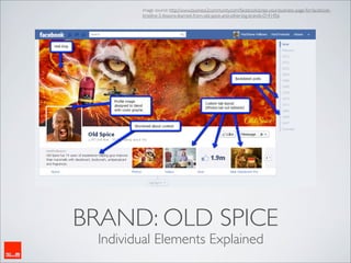 image source: http://www.business2community.com/facebook/prep-your-business-page-for-facebook-
        timeline-5-lessons-learned-from-old-spice-and-other-big-brands-0141456




BRAND: OLD SPICE
 Individual Elements Explained
 
