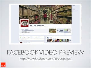 FACEBOOK VIDEO PREVIEW
   http://www.facebook.com/about/pages/
 