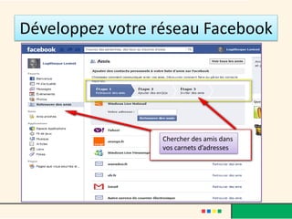 Développez votre réseau Facebook
Chercher des amis dans
vos carnets d’adresses
 