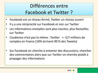Différences entre
Facebook et Twitter ?
• Facebook est un réseau fermé, Twitter un réseau ouvert
• Il y a une réciprocité sur Facebook et non sur Twitter
• Les informations envoyées sont plus courtes, plus factuelles
sur Twitter
• L’audience n’est pas la même : Twitter +- 5/7 millions de
comptes en France (10% écrivent 90 % des Tweets)
• Sur Facebook on cherche à entamer des discussions, chercher
des commentaires alors que sur Twitter on cherche plutôt à
propager des informations
 