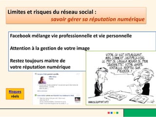 Facebook mélange vie professionnelle et vie personnelle
Attention à la gestion de votre image
Restez toujours maitre de
votre réputation numérique
Limites et risques du réseau social :
savoir gérer sa réputation numérique
Risques
réels
 
