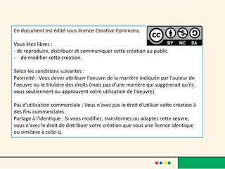 Ce document est édité sous licence Creative Commons.
Vous êtes libres :
- de reproduire, distribuer et communiquer cette création au public
- de modifier cette création.
Selon les conditions suivantes :
Paternité : Vous devez attribuer l'oeuvre de la manière indiquée par l'auteur de
l'oeuvre ou le titulaire des droits (mais pas d'une manière qui suggérerait qu'ils
vous soutiennent ou approuvent votre utilisation de l'oeuvre).
Pas d'utilisation commerciale : Vous n'avez pas le droit d'utiliser cette création à
des fins commerciales.
Partage à l'identique : Si vous modifiez, transformez ou adaptez cette œuvre,
vous n'avez le droit de distribuer votre création que sous une licence identique
ou similaire à celle-ci.
 