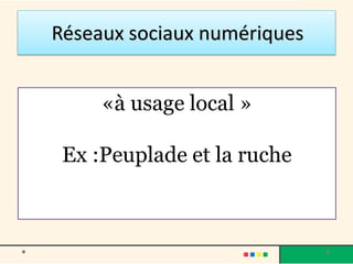 Réseaux sociaux numériques
«à usage local »
Ex :Peuplade et la ruche
 