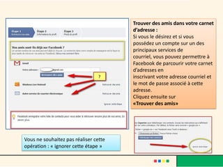 Trouver des amis dans votre carnet
d’adresse :
Si vous le désirez et si vous
possédez un compte sur un des
principaux services de
courriel, vous pouvez permettre à
Facebook de parcourir votre carnet
d’adresses en
inscrivant votre adresse courriel et
le mot de passe associé à cette
adresse.
Cliquez ensuite sur
«Trouver des amis»
Vous ne souhaitez pas réaliser cette
opération : « ignorer cette étape »
 