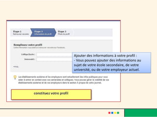 Ajouter des informations à votre profil :
- Vous pouvez ajouter des informations au
sujet de votre école secondaire, de votre
université, ou de votre employeur actuel.
 