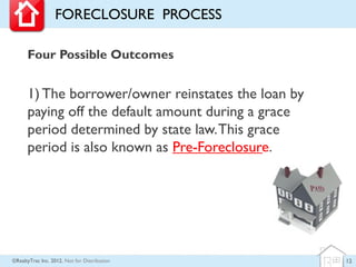 FORECLOSURE PROCESS

      Four Possible Outcomes


      1) The borrower/owner reinstates the loan by
      paying off the default amount during a grace
      period determined by state law. This grace
      period is also known as Pre-Foreclosure.




©RealtyTrac Inc. 2012, Not for Distribution          12
 