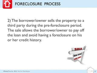 FORECLOSURE PROCESS



      2) The borrower/owner sells the property to a
      third party during the pre-foreclosure period.
      The sale allows the borrower/owner to pay off
      the loan and avoid having a foreclosure on his
      or her credit history.




©RealtyTrac Inc. 2012, Not for Distribution            13
 