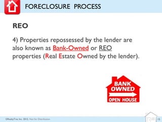 FORECLOSURE PROCESS

      REO
      4) Properties repossessed by the lender are
      also known as Bank-Owned or REO
      properties (Real Estate Owned by the lender).




©RealtyTrac Inc. 2012, Not for Distribution           15
 