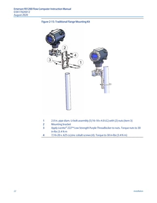 Emerson FB1200 Flow Computer Instruction Manual
D301782X012
August 2020
22 Installation
Figure 2-15: Traditional Flange Mounting Kit
1 2.0 in. pipe diam. U-bolt assembly (5/16-18 x 4.0 LG) with (2) nuts (item 3)
2 Mounting bracket
3 Apply Loctite®
222™ Low Strength Purple Threadlocker to nuts. Torque nuts to 30
in-lbs (3.4 N m
4 7/16-20 x .625 cs/zinc cobalt screws (4). Torque to 30 in-lbs (3.4 N m)
 