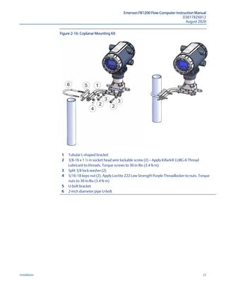 Emerson FB1200 Flow Computer Instruction Manual
D301782X012
August 2020
Installation 23
Figure 2-16: Coplanar Mounting Kit
1 Tubular L-shaped bracket
2 3/8-16 x 1 ½ in socket head wire lockable screw (2) — Apply Killark® LUBG-6 Thread
Lubricant to threads. Torque screws to 30 in-lbs (3.4 N m)
3 Split 3/8 lock washer (2)
4 5/16-18 keps nut (2). Apply Loctite 222 Low Strength Purple Threadlocker to nuts. Torque
nuts to 30 in-lbs (3.4 N m)
5 U-bolt bracket
6 2-inch diameter pipe U-bolt
 