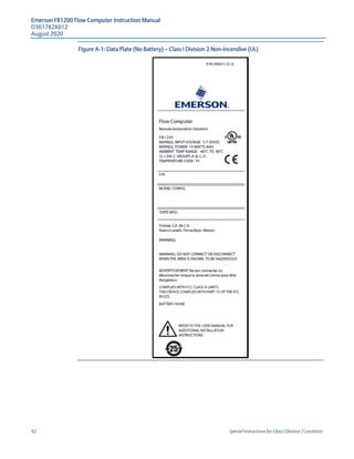 Emerson FB1200 Flow Computer Instruction Manual
D301782X012
August 2020
92 Special Instructions for Class I Division 2 Locations
Figure A-1: Data Plate (No Battery) — Class I Division 2 Non-incendive (UL)
 
