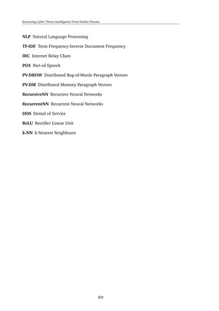 Extracting Cyber Threat Intelligence From Hacker Forums
NLP Natural Language Processing
TF-IDF Term Frequency-Inverse Document Frequency
IRC Internet Relay Chats
POS Part-of-Speech
PV-DBOW Distributed Bag-of-Words Paragraph Vectors
PV-DM Distributed Memory Paragraph Vectors
RecursiveNN Recursive Neural Networks
RecurrentNN Recurrent Neural Networks
DOS Denial of Service
ReLU Rectiﬁer Linear Unit
k-NN k-Nearest Neighbours
xiv
 
