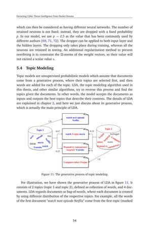 Extracting Cyber Threat Intelligence From Hacker Forums
which can then be considered as having different neural networks. The number of
retained neurons is not ﬁxed; instead, they are dropped with a ﬁxed probability
p. In our model, we use p = 0.5 as the value that has been commonly used by
different authors [69, 71, 72]. The dropper can be applied to both input layer and
the hidden layers. The dropping only takes place during training, whereas all the
neurons are retained in testing. An additional regularization method to prevent
overﬁtting is to constraint the l2-norms of the weight vectors, so their value will
not exceed a scalar value s.
5.4 Topic Modeling
Topic models are unsupervised probabilistic models which assume that documents
come from a generative process, where their topics are selected ﬁrst, and then
words are added for each of the topic. LDA, the topic modeling algorithm used in
this thesis, and other similar algorithms, try to reverse this process and ﬁnd the
topics given the documents. In other words, the model accepts the documents as
inputs and outputs the best topics that describe their contents. The details of LDA
are explained in chapter 2, and here we just discuss about its generative process,
which is actually the main principle of LDA.
Figure 11: The generative process of topic modeling
For illustration, we have shown the generative process of LDA in ﬁgure 11. It
consists of 2 topics (topic 1 and topic 2), deﬁned as collection of words, and 4 doc-
uments. LDA regards documents as bag-of-words, where each document is created
by using different distribution of the respective topics. For example, all the words
of the ﬁrst document "watch next episode Netﬂix" come from the ﬁrst topic (marked
54
 