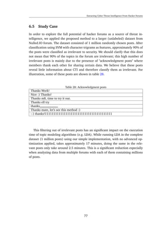Extracting Cyber Threat Intelligence From Hacker Forums
6.5 Study Case
In order to explore the full potential of hacker forums as a source of threat in-
telligence, we applied the proposed method to a larger (unlabeled) dataset from
Nulled.IO forum. The dataset consisted of 1 million randomly chosen posts. After
classiﬁcation using SVM with character trigrams as features, approximately 90% of
the posts were classiﬁed as irrelevant to security. We should clarify that this does
not mean that 90% of the topics in the forum are irrelevant; this high number of
irrelevant posts is mainly due to the presence of "acknowledgment posts" where
members thank each other for sharing certain data. We believe that these posts
reveal little information about CTI and therefore classify them as irrelevant. For
illustration, some of these posts are shown in table 28.
Table 28: Acknowledgment posts
Thanks Work!
Nice :) Thanks!
Thanks m8, time to try it out.
Thanks ell try
thanks„„„„„„„„„„„„„„,
Thanks mate, let’s see this method :)
:-) thanks!111111111111111111111111111111111111111
This ﬁltering out of irrelevant posts has an signiﬁcant impact on the execution
time of topic modeling algorithms (e.g. LDA). While running LDA in the complete
dataset (1 million posts) using our simple implementation, with no advanced op-
timization applied, takes approximately 17 minutes, doing the same in the rele-
vant posts only take around 2.5 minutes. This is a signiﬁcant reduction especially
when analyzing data from multiple forums with each of them containing millions
of posts.
77
 