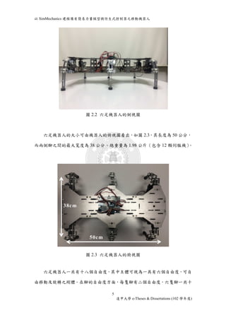 以SimMechanics 建模備有簡易力量模型與仿生式控制器之移動機器人 
圖2.2 六足機器人的側視圖 
六足機器人的大小可由機器人的俯視圖看出，如圖2.3，其長度為50 公分， 
而兩側腳之間的最大寬度為38 公分，總重量為1.98 公斤（包含12 顆伺服機）。 
圖2.3 六足機器人的俯視圖 
六足機器人一共有十八個自由度，其中主體可視為一具有六個自由度，可自 
由移動及旋轉之剛體。在腳的自由度方面，每隻腳有二個自由度，六隻腳一共十 
5 
逢甲大學e-Theses & Dissertations (102 學年度) 
38cm 
50cm 
 