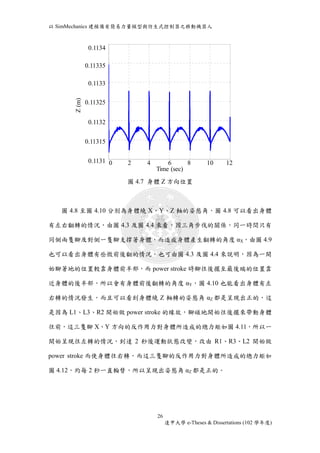 以SimMechanics 建模備有簡易力量模型與仿生式控制器之移動機器人 
圖4.7 身體Z 方向位置 
0.1134 
0.11335 
0.1133 
0.11325 
0.1132 
0.11315 
0.1131 
圖4.8 至圖4.10 分別為身體繞X、Y、Z 軸的姿態角，圖4.8 可以看出身體 
有左右翻轉的情況，由圖4.3 及圖4.4 來看，因三角步伐的關係，同一時間只有 
同側兩隻腳及對側一隻腳支撐著身體，而造成身體產生翻轉的角度αX，由圖4.9 
也可以看出身體有些微前後翻的情況，也可由圖4.3 及圖4.4 來說明，因為一開 
始腳著地的位置較靠身體前半部，而power stroke 時腳往後擺至最後端的位置靠 
近身體的後半部，所以會有身體前後翻轉的角度αY，圖4.10 也能看出身體有左 
右轉的情況發生，而且可以看到身體繞Z 軸轉的姿態角αZ 都是呈現出正的，這 
是因為L1、L3、R2 開始做power stroke 的緣故，腳碰地開始往後擺來帶動身體 
往前，這三隻腳X、Y 方向的反作用力對身體所造成的總力矩如圖4.11，所以一 
開始呈現往左轉的情況，到達2 秒後運動狀態改變，改由R1、R3、L2 開始做 
power stroke 而使身體往右轉，而這三隻腳的反作用力對身體所造成的總力矩如 
圖4.12，約每2 秒一直輪替，所以呈現出姿態角αZ 都是正的。 
26 
逢甲大學e-Theses & Dissertations (102 學年度) 
0 Time (sec) 
Z (m) 
0 2 4 6 8 10 12 
Time (sec) 
Z (m) 
0.1134 
0.11335 
0.1133 
0.11325 
0.1132 
0.11315 
0.1131 
 