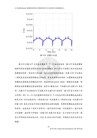 以SimMechanics 建模備有簡易力量模型與仿生式控制器之移動機器人 
圖4.34 身體Z 位置 
0.11315 
0.1134 
0.11335 
0.1133 
0.11325 
0.1132 
圖4.35 至圖4.37 分別為身體繞X、Y、Z 軸的姿態角，圖4.35 因為身體每 
側都同時有兩隻腳支撐做power stroke 的動作，所以其θX 不會像三角步伐在做狀 
態轉換的時候，會忽然正負切換，反而是循序遞增或遞減，在圖4.36 可以看出 
一開始是負的然後慢慢轉成正的狀態，因為在剛開始的時候，四隻腳著地支撐著 
身體的位置較靠近身體的前半部，接著開始做power stroke，腳開始往後擺，讓 
腳著地支撐身體的位置逐漸靠後，使得θY 轉為正的，可由圖4.26 至圖4.31 來說 
明，而圖4.37 的姿態角θZ 可由圖4.38 至圖4.43 來說明，圖4.38 是0 秒到1 秒 
之間R1、R2、L1、L3 這四隻腳所得到的X、Y 方向反作用力對身體造成的總力 
矩是正的，所以姿態角θZ 一開始為正的，代表機器人一開始往左偏，而從圖4.39 
到圖4.41 看出分別由不同的四隻腳著地支撐向後擺，其腳對身體造成的總力矩 
為負的，也就是在1 秒到4 秒間θZ 一直往負的方向跑，代表機器人一直往右的 
方向偏轉，直到第4 秒開始，由圖4.42 及圖4.43 看出，在4 秒到6 秒之間，機 
器人所得到的力矩改為正的，代表θZ 改往正的方向跑，即機器人改往左的方向 
42 
逢甲大學e-Theses & Dissertations (102 學年度) 
偏轉。 
4 12 
0.11315 
Time (sec) 
Z (m) 
0 2 4 6 8 10 12 
Time (sec) 
Z (m) 
0.11315 
0.1134 
0.11335 
0.1133 
0.11325 
0.1132 
0.11315 
 