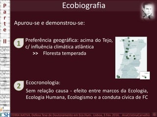 Ecobiografia
Apurou-se e demonstrou-se:
P
a
r
t
e
II
TERRA NATIVA. Defesa Tese de Doutoramento em Eco.Hum. Lisboa, 3 Fev. 2016. AnaCristinaCarvalho 6
Ecocronologia:
Sem relação causa - efeito entre marcos da Ecologia,
Ecologia Humana, Ecologismo e a conduta cívica de FC
2
Preferência geográfica: acima do Tejo,
c/ influência climática atlântica
>> Floresta temperada
1
 