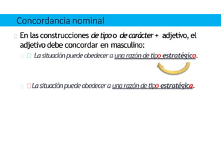 En las construcciones detipoo decarácter+ adjetivo,el
adjetivo debe concordar en masculino:
La situaciónpuedeobedecera unarazóndetipo estratégico.
Lasituaciónpuedeobedecera unarazón detipo estratégica.
Concordancia nominal
 