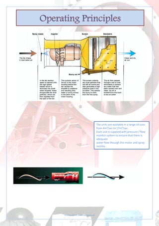 Visit our website: www.rdpscreen.co.za
The units are available in a range of sizes
from 4m³/sec to 17m³/sec.
Each unit is supplied with pressure / flow
monitor system to ensure that there is
adequate
water flow thourgh the motor and spray
nozzles.
 