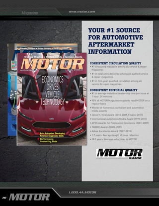 www.motor.com
1.800.4A.MOTOR
Magazine
Consistent Circulation Quality
•	#1 circulated magazine among all service  repair
magazines
•	#1 in total units delivered among all audited service
 repair magazines
•	#1 in first-year qualified circulation among all
service  repair magazines
Consistent Editorial Quality
•	#1 in average individual readership time per issue at
1 hour, 24 minutes
•	90% of MOTOR Magazine recipients read MOTOR on a
regular basis
•	Winner of numerous journalism and automotive
media awards
•	Jesse H. Neal Award (2010-2009, Finalist 2011)
•	International Automotive Media Award (1999-2011)
•	APEX Awards for Publication Excellence (2001-2009)
•	TABBIE Awards (2006-2011)
•	Azbee Excellence Award (2007-2010)
•	1.7 years: Average length of issue retention
•	18.5 years: Average subscriber to MOTOR
Your #1 Source
for Automotive
Aftermarket
Information
20
 