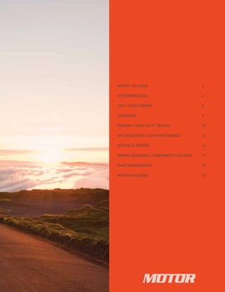 MOTOR / ALLDATA	 2
ESTIMATING DATA	 4
CAR / TRUCK REPAIR	 6
EMISSIONS	 9
MEDIUM / HEAVY DUTY TRUCKS	 10
SPECIFICATIONS / QUICK REFERENCE	 12
SPECIALTY REPAIR	 14
WIRING DIAGRAMS / COMPONENT LOCATION	 17
SHOP MANAGEMENT	 18
MOTOR MAGAZINE	 20
 