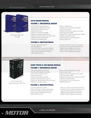 www.motor.com
1.800.4A.MOTOR
Car/Truck Repair
Auto Repair Manuals:
Vol 12
Light Truck  Van
Repair Manuals: Vol 12
light truck  van repair MANUAL
Volume 1: Mechanical Repair
Volume 2: ABS/Electrical
• Air conditioning maintenance
• Cooling fans diagnosis  repair
•	Disc  drum brake service
•	Drive axle service
•	Electrical components RR
• Engine rebuilding specifications
• Hydraulic brake system service  repair
• Mechanical engine repair
• Power steering diagnosis  repair
• Specification data
•	Starter  alternator diagnosis  repair
• Steering column RR
• Suspension  steering components RR
• Tightening specifications
• Tire pressure monitoring system
•	Wheel alignment
• Active suspension system
• Anti-lock brake component locations
• Anti-lock brake diagnosis  testing
• Dash gauges diagnosis  testing
• Dash panel service
• Passive restraint component locations
• Speed control component replacement
• Speed control diagnosis  testing
• Warning lights diagnosis  testing	
• Wiper system diagnosis  testing	
auto repair manual
Volume 1: Mechanical Repair
Volume 2: ABS/Electrical
• Air conditioning maintenance
• Cooling fans diagnosis  repair
•	Disc  drum brake service
•	Drive axle service
•	Electrical components RR
• Engine rebuilding specifications
• Hydraulic brake system service  repair
• Machine shop specifications
• Mechanical engine repair
• Power brake units
• Power steering diagnosis  repair
• Specification data
•	Starter  alternator diagnosis  repair
• Steering column RR
• Suspension  steering components RR
• Tightening specifications
• Tire pressure monitoring system
•	Wheel alignment
• Active suspension system
• Air bag systems
• Anti-lock brake component locations
• Anti-lock brake diagnosis  testing
• Dash gauges diagnosis  testing
• Dash panel service
• Passive restraint component locations
• Speed control component replacement
• Speed control diagnosis  testing
• Warning lights diagnosis  testing
• Wiper system diagnosis  testing
6
 