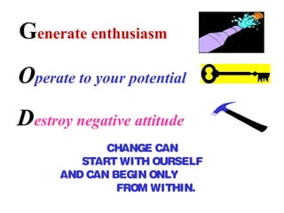 Generate enthusiasm
Operate to your potential
Destroy negative attitude
CHANGE CAN
START WITH OURSELF
AND CAN BEGIN ONLY
FROM WITHIN.
 