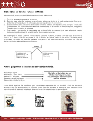1
110 PROMUEVE EL RESPETO HACIA LOS DEMÁS Y HACIA LAS DECISIONES DEMOCRÁTICAS DEL PAÍS ASÍ COMO EL RESPETO A LOS DERECHOS HUMANOS
Protección de los Derechos Humanos en México.
La defensa o la protección de los Derechos Humanos tiene la función de:
1. Contribuir al desarrollo integral de la persona.
2. Delimitar, para todas las personas, una esfera de autonomía dentro de la cual puedan actuar libremente,
protegidas contra los abusos de autoridades, servidores públicos y de particulares.
3. Establecer límites a las actuaciones de todos los servidores públicos, sin importar su nivel jerárquico o institución
gubernamental, sea Federal, Estatal o Municipal, siempre con el fin de prevenir los abusos de poder, negligencia
o simple desconocimiento de la función.
4. Crear canales y mecanismos de participación que faciliten a todas las personas tomar parte activa en el manejo
de los asuntos públicos y en la adopción de las decisiones comunitarias.
En nuestro país se creó la Comisión Nacional de los Derechos Humanos, el 28 de Enero de 1992, al adicionar el
artículo 102 Constitucional con el apartado B, con la finalidad de difundir, denunciar los abusos cometidos por las
autoridades que violen los derechos humanos y capacitar a los servidores públicos en materia de Derechos
Humanos, crear una verdadera cultura de respeto.
Valores que permiten la existencia de los Derechos Humanos.
Respeto por la paz.
Respeto por justicia social.
Respeto por el diálogo.
La existencia de la solidaridad.
La dignidad entre los hombres.
Todos estos aspectos son necesarios para desarrollarse dignamente en una sociedad, todos se encuentran
entrelazados y son necesarios para la existencia de los Derechos Humanos, si algunos de estos valores no están
garantizados en la sociedad, entonces el desarrollo humano en esa sociedad es poco probable.
Objetivos
Ambito preventivo.
Promoción de los D.H.
Estudio de los D.H.
Divulgación de los D.H.
Ambito correctivo.
Protección.
Observancia.
Observancia
Libertades fundamentales que son
interdependientes y se refuerzan
mutuamente para la existencia de los
Derechos Humanos.
 