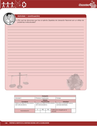 128 PROPONE EL RESPETO DE LA IDENTIDAD NACIONAL ANTE LA GLOBALIZACIÓN
Evaluación
Actividad:1 Producto: Cuestionario. Puntaje :
Saberes
Conceptual Procedimental Actitudinal
Define sus ideas en torno al tema
del multiculturalismo.
Explica sus ideas en torno al tema
del multiculturalismo.
Es crítico y propositito ante la
actividad planteada.
Autoevaluación
C MC NC Calificación otorgada por el
docente
4. ¿Por qué las denuncias que hizo el ejército Zapatista de Liberación Nacional son un reflejo de
problemas multiculturales?
________________________________________________________________________________________________
________________________________________________________________________________________________
________________________________________________________________________________________________
________________________________________________________________________________________________
________________________________________________________________________________________________
________________________________________________________________________________________________
________________________________________________________________________________________________
________________________________________________________________________________________________
________________________________________________________________________________________________
________________________________________________________________________________________________
________________________________________________________________________________________________
________________________________________________________________________________________________
________________________________________________________________________________________________
________________________________________________________________________________________________
________________________________________________________________________________________________
________________________________________________________________________________________________
________________________________________________________________________________________________
________________________________________________________________________________________________
Actividad: 1 (continuación)
 