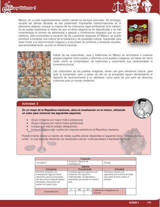 133BLOQUE 4
México, es un país mayoritariamente católico desde los tiempos coloniales. Sin embargo,
durante las últimas décadas se han presentado importantes transformaciones en el
panorama religioso, aunque la mayoría de los mexicanos sigue profesando la fe católica,
no se puede subestimar el hecho de que la oferta religiosa se ha diversificado y se han
incrementado el número de adherentes a iglesias o movimientos religiosos que no son
católicos. Sólo conociendo la situación de las cuestiones religiosas en México, se puede
contribuir a fomentar una cultura de la tolerancia y de pluralidad cultural, requeridas para
hacer frente a la discriminación religiosa y a los brotes de conflictos y tensiones sociales,
que lamentablemente, ocurren en territorio nacional.
Hablar de las costumbres, usos y tradiciones en México es remontarse a nuestros
propios orígenes como pueblo y referirnos a los pueblos indígenas, es hablar de cómo
vivían, cómo se comportaban, de tradiciones y costumbres que caracterizaban la
convivencia social.
Las costumbres de los pueblos indígenas, tienen una gran relevancia cultural, para
toda la humanidad, pero a pesar de ello en la actualidad siguen demandando el
derecho de reconocimiento a su identidad, como parte de una serie de derechos
colectivos ante un mundo neoliberal.
Evaluación
Actividad:3
Producto: Reporte de
Investigación.
Puntaje:
Saberes
Conceptual Procedimental Actitudinal
Identifica mediante una
investigación algunos datos
relevantes para la compresión
del tema de la multiculturalidad,
Identidad y diversidad que
existen en nuestro país.
Concluye algunos aspectos que
evidencian los aspectos
multiculturales, de Identidad y
diversidad que existen en nuestro
país.
Participa y expone sus
argumentos en la lluvia de ideas
que sobre el tema realiza el
profesor.
Autoevaluación
C MC NC Calificación otorgada por el
docente
Actividad: 3
Grupo indígena con mayor índice poblacional.
Grupo indígena con menor índice poblacional.
Lengua que está en peligro desaparecer,
Lengua indígena que cuenta con mayores parlante en la Republica mexicana.
Posteriormente realiza un escrito de media cuartilla donde desarrolles el siguiente tema: “México diverso y
unido”, el cual deberás relacionar con diversidad cultural, multiculturalidad e Identidad Nacional.
En un mapa de la República mexicana, ubica la localización en el mismo, utilizando
un color para remarcar los siguientes aspectos:
 