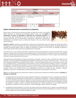 140 PROPONE EL RESPETO DE LA IDENTIDAD NACIONAL ANTE LA GLOBALIZACIÓN
Evaluación
Actividad:3 Producto: Investigación. Puntaje:
Saberes
Conceptual Procedimental Actitudinal
Explica a través de la historia de
nuestro país las formas en que
el pueblo vivió la dominación de
España, durante la época
Colonial, ejemplificando a partir
de este hecho los puntos
señalados en el tema.
Conecta el tema de formas de
dominación con el pasado histórico
de nuestro país.
Aprecia la historia de su pueblo.
Autoevaluación
C MC NC Calificación otorgada por el
docente
Valores necesarios para la convivencia y la soberanía.
Educar para la convivencia es esencial para lograr el desarrollo humano, los individuos
deben reconocer la existencia de principios básicos como son: el respeto, la
cooperación, la justicia, la solidaridad, el desarrollo de la autonomía personal. A su
vez, se debe estar consciente de que esta cultura de convivencia exige que se
cuestione cualquier tipo de discriminación, intolerancia, indiferencia, conformismo e
insolidaridad. La educación para la convivencia requiere, más que buenas teorías,
buenas prácticas.
¿Qué es un valor? Es aquello que da sentido a la vida por lo que vale la pena luchar; son pautas que ayudan al hombre a
encontrarse a sí mismo a encontrarse con otros, a trascender más allá de su existencia natural. Los valores deben ser el
resultado de opciones diarias y libres; no deben ser impuestos a la fuerza, son una opción, sin embargo el individuo al
vivirlos sabe que ellos valen la pena por qué perfeccionan la vida diaria.
El ser humano es un ser social por naturaleza, necesita de los otros para realizarse y formarse humanamente, requiere
cohabitar, aunque esto no es sencillo ya que significa estar con seres diversos sin embargo él como ser racional debe
utilizar sus valores, para encontrarse en el otro, para identificarse y reconocerse en el otro, a pesar de las diferencias,
coinciden en algo fundamental son humanos.
Cada persona tiene interiorizado los valores que orientan su actuación, cada uno le da su contenido de acuerdo con sus
vivencias. Uno de los valores fundamentales para facilitar la convivencia, es el amor, Erich Fromm dice... “el amor es la
única respuesta satisfactoria a la existencia del hombre “, todas las religiones tienen como denominador común y eje
de su axiología al amor. La capacidad de amar es además un don que nos permite la entrega, el servicio, el compartir,
el integrarnos, la sensibilidad, la compasión, el crear, el construirnos y construir con otros, perdonarnos y perdonar, es
un trascender; el amor es ante todo una actitud de vida, es una forma de relacionarnos con todos los seres, con
nosotros mismos y los demás. Convivir es la capacidad de ponerse en el lugar del otro, compartir, cooperar,
respetarse, autocontrol, autorregulación y desarrollar destrezas para una adecuada comunicación”...
Tres son los valores básicos de la democracia moderna y del principio constitutivo la soberanía popular: la libertad, la
igualdad y la fraternidad.
1. La libertad debe ser ejercida para explotar plenamente todas las capacidades humanas, capacidad de realización
sin obstáculos que está presente en cada individuo. La libertad es, ciertamente, un atributo indispensable, pero en
sí mismo insuficiente, para lograr la integración y convivencia de los individuos, ya que la verdadera manifestación
de su ejercicio se cifra en un poder colectivo que debe ser administrado de manera racional y apegado a un ideal
de retribución, utilidad y justicia. La libertad está garantiza por nuestra Constitución la cual otorga libertad de
pensamiento, asociación, reunión, educación, credos, ideologías, política, tránsito y de trabajo.
2. La igualdad de oportunidades es una forma de justicia social que propugna que un sistema es socialmente justo
cuando todas las personas potencialmente tienen básicamente las mismas posibilidades de acceder al bienestar
social y poseen los mismos derechos políticos y civiles.
 