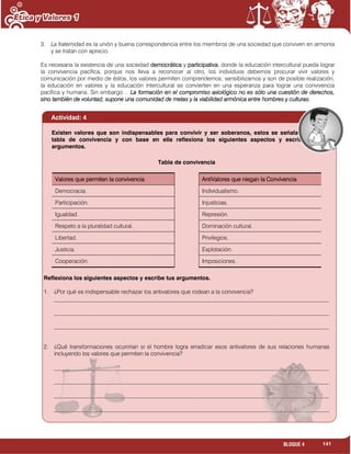 141BLOQUE 4
3. La fraternidad es la unión y buena correspondencia entre los miembros de una sociedad que conviven en armonía
y se tratan con aprecio.
Es necesaria la existencia de una sociedad democrática y participativa, donde la educación intercultural pueda lograr
la convivencia pacífica, porque nos lleva a reconocer al otro, los individuos debemos procurar vivir valores y
comunicación por medio de éstos, los valores permiten comprendernos, sensibilizarnos y son de posible realización,
la educación en valores y la educación intercultural se convierten en una esperanza para lograr una convivencia
pacífica y humana. Sin embargo… La formación en el compromiso axiológico no es sólo una cuestión de derechos,
sino también de voluntad, supone una comunidad de metas y la viabilidad armónica entre hombres y culturas.
Actividad: 4
Existen valores que son indispensables para convivir y ser soberanos, estos se señalan en la
tabla de convivencia y con base en ella reflexiona los siguientes aspectos y escribe tus
argumentos.
Tabla de convivencia
Valores que permiten la convivencia AntiValores que niegan la Convivencia
Democracia. Individualismo.
Participación. Injusticias.
Igualdad. Represión.
Respeto a la pluralidad cultural. Dominación cultural.
Libertad. Privilegios.
Justicia. Explotación.
Cooperación. Imposiciones.
Reflexiona los siguientes aspectos y escribe tus argumentos.
1. ¿Por qué es indispensable rechazar los antivalores que rodean a la convivencia?
________________________________________________________________________________________________
________________________________________________________________________________________________
________________________________________________________________________________________________
2. ¿Qué transformaciones ocurrirían si el hombre logra erradicar esos antivalores de sus relaciones humanas
incluyendo los valores que permiten la convivencia?
________________________________________________________________________________________________
________________________________________________________________________________________________
________________________________________________________________________________________________
________________________________________________________________________________________________
 