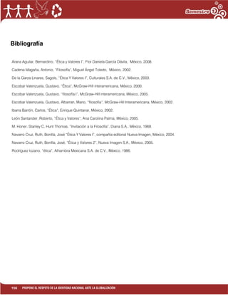 156 PROPONE EL RESPETO DE LA IDENTIDAD NACIONAL ANTE LA GLOBALIZACIÓN
Bibliografía
Arana Aguilar, Bernardino, “Ética y Valores I”, Flor Daniela García Dávila, México, 2008.
Cadena Magaña, Antonio, “Filosofía”, Miguel Ángel Toledo, México, 2002.
De la Garza Linares, Sagols, “Ética Y Valores I”, Culturales S.A. de C.V., México, 2003.
Escobar Valenzuela, Gustavo, “Ética”, McGraw-Hill interamericana, México, 2000.
Escobar Valenzuela, Gustavo, “filosofía I”, McGraw-Hill interamericana, México, 2005.
Escobar Valenzuela, Gustavo, Albarran, Mario, “filosofía”, McGraw-Hill Interamericana, México, 2002.
Ibarra Barrón, Carlos, “Ética”, Enrique Quintanar, México, 2002.
León Santander, Roberto, “Ética y Valores”, Ana Carolina Palma, México, 2005.
M. Honer, Stanley C, Hunt Thomas, “Invitación a la Filosofía”, Diana S.A., México, 1969.
Navarro Cruz, Ruth, Bonilla, José “Ética Y Valores I”, compañía editorial Nueva Imagen, México, 2004.
Navarro Cruz, Ruth, Bonilla, José, “Ética y Valores 2”, Nueva Imagen S.A., México, 2005.
Rodríguez lozano, “ética”, Alhambra Mexicana S.A. de C.V., México, 1986.
 