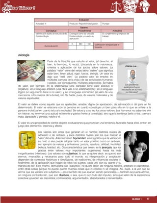17BLOQUE 1
Evaluación
Actividad: 4 Producto: Reporte Investigación. Puntaje:
Saberes
Conceptual Procedimental Actitudinal
Identifica el objeto de estudio de la
Epistemología.
Distingue como se utiliza la
Epistemología y muestra su
aplicación.
El cumplimiento y limpieza del
trabajo.
Autoevaluación
C MC NC Calificación otorgada por el
docente
Axiología
Parte de la filosofía que estudia el valor, (el derecho, el
bien, lo hermoso, lo recto), búsqueda en la naturaleza,
criterios y aplicación de los juicios sobre valores. La
palabra “valor” viene del verbo latino “valere” que significa
estar bien, tener salud, vigor, fuerza, energía. Un valor es
algo que “está bien”. La palabra valor se emplea en
múltiples campos de la vida y de las actividades humanas
y posee, por consiguiente, múltiples acepciones. Se habla
de valor, por ejemplo, en la Matemática (una cantidad tiene valor positivo o
negativo); en el lenguaje artístico (una obra vale o no estéticamente); en el lenguaje
lógico (un argumento tiene o no valor); y en el lenguaje económico (el valor de una
mercancía, o los valores de la bolsa), etc. Se habla, pues, de valores materiales y de
valores espirituales.
El valor se define como aquello que es apetecible, amable, digno de aprobación, de admiración o útil para un fin
determinado. El valor se relaciona con la persona en cuanto constituye un bien para ella en lo que se refiere a la
persona individual en cuanto tal y a la sociedad. Se valora y a su vez los otros valoran. Los humanos no sabemos vivir
sin valorar; no tenemos una actitud indiferente y pasiva frente a la realidad, sino que la sentimos bella o fea, buena o
mala, agradable o penosa, noble o vil.
El valor es una propiedad de ciertos objetos o situaciones que provocan una tendencia favorable hacia ellos, entran en
juego dos elementos: creencia y afecto.
Los valores son entes que generan en el hombre distintos niveles de
adhesión o de rechazo, y esos distintos niveles son los que marcan el
"valor" del ente. Además tienen bipolaridad, esto significa que la valoración
es dual, o sea puede adoptar tanto un valor positivo como un antivalor,
son ejemplo de valores y antivalores: justicia, injusticia; utilidad, inutilidad;
belleza, fealdad, etc. Otra característica que tienen, es la jerarquía, que los
gradúa entre valores muy importantes (superiores) hasta los más
insignificantes (inferiores). Los valores son subjetivos, lo que se quiere decir, es que no son
eternos, invariables y necesarios para todo el mundo: su interpretación y aceptación
dependen de contextos históricos e ideológicos, de tradiciones, de influencias sociales y,
finalmente, de la aplicación que hagan de ellos los sujetos, cada uno con su talante y su
manera de ser. Esto mismo, demuestra que «subjetivo» no quiere decir, de ninguna manera, arbitrario o caprichoso,
entre otras cosas porque no puede querer muchas cosas que ni conoce ni se imagina. Así, pues, a la vez que se
afirma que los valores son subjetivos —en el sentido de que acaban siendo personales—, también se puede afirmar,
sin ninguna contradicción, que son objetivos, o sea, que no son fruto del impulso, sino que salen de la experiencia
colectiva y pueden ser discutidos, contrastados, argumentados, abandonados o reinventados.
¿Sabías que…
Los problemas
axiológicos fueron
estudiados en su inicio
por Sócrates?
Actividad: 5
 