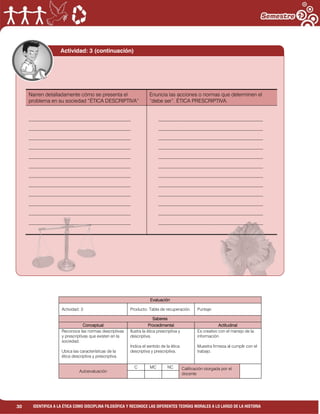 30 IDENTIFICA A LA ÉTICA COMO DISCIPLINA FILOSÓFICA Y RECONOCE LAS DIFERENTES TEORÍAS MORALES A LO LARGO DE LA HISTORIA
Evaluación
Actividad: 3 Producto: Tabla de recuperación. Puntaje:
Saberes
Conceptual Procedimental Actitudinal
Reconoce las normas descriptivas
y prescriptivas que existen en la
sociedad.
Ubica las características de la
ética descriptiva y prescriptiva.
Ilustra la ética prescriptiva y
descriptiva.
Indica el sentido de la ética
descriptiva y prescriptiva.
Es creativo con el manejo de la
información.
Muestra firmeza al cumplir con el
trabajo.
Autoevaluación
C MC NC Calificación otorgada por el
docente
Actividad: 3 (continuación)
Narren detalladamente cómo se presenta el
problema en su sociedad “ÉTICA DESCRIPTIVA”
Enuncia las acciones o normas que determinen el
“debe ser”. ÉTICA PRESCRIPTIVA.
_______________________________________
_______________________________________
_______________________________________
_______________________________________
_______________________________________
_______________________________________
_______________________________________
_______________________________________
_______________________________________
_______________________________________
_______________________________________
_______________________________________
________________________________________
________________________________________
________________________________________
________________________________________
________________________________________
________________________________________
________________________________________
________________________________________
________________________________________
________________________________________
________________________________________
________________________________________
 