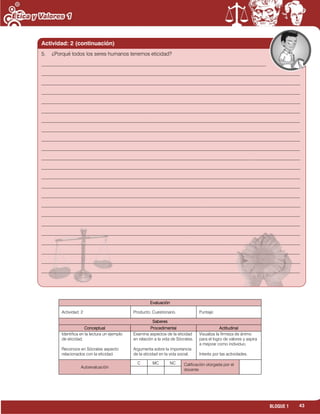 43BLOQUE 1
Evaluación
Actividad: 2 Producto: Cuestionario. Puntaje:
Saberes
Conceptual Procedimental Actitudinal
Identifica en la lectura un ejemplo
de eticidad.
Reconoce en Sócrates aspecto
relacionados con la eticidad.
Examina aspectos de la eticidad
en relación a la vida de Sócrates.
Argumenta sobre la importancia
de la eticidad en la vida social.
Visualiza la firmeza de ánimo
para el logro de valores y aspira
a mejorar como individuo.
Interés por las actividades.
Autoevaluación
C MC NC Calificación otorgada por el
docente
Actividad: 2 (continuación)
5. ¿Porqué todos los seres humanos tenemos eticidad?
______________________________________________________________________________________
___________________________________________________________________________________________________
___________________________________________________________________________________________________
___________________________________________________________________________________________________
___________________________________________________________________________________________________
___________________________________________________________________________________________________
___________________________________________________________________________________________________
___________________________________________________________________________________________________
___________________________________________________________________________________________________
___________________________________________________________________________________________________
___________________________________________________________________________________________________
___________________________________________________________________________________________________
___________________________________________________________________________________________________
___________________________________________________________________________________________________
___________________________________________________________________________________________________
___________________________________________________________________________________________________
___________________________________________________________________________________________________
___________________________________________________________________________________________________
___________________________________________________________________________________________________
___________________________________________________________________________________________________
___________________________________________________________________________________________________
___________________________________________________________________________________________________
___________________________________________________________________________________________________
 