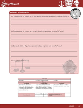 63BLOQUE 2
Evaluación
Actividad:9 Producto: Análisis de caso. Puntaje:
Saberes
Conceptual Procedimental Actitudinal
Revisa el caso planteado y
expone las implicaciones que
conllevan el uso de la libertad y
la aplicación de valores en la
toma de decisiones.
Juzga el uso de la libertad, los
valores y la toma de decisiones en
los ámbitos personales y sociales,
mediante el caso planteado. actos
Se muestra reflexivo y analítico
ante el desarrollo de la actividad.
Autoevaluación
C MC NC Calificación otorgada por el
docente
3. ¿Consideras que los motivos dados para la tomar la decisión de Estela son correctas? ¿Por qué?
__________________________________________________________________________________________________
__________________________________________________________________________________________________
__________________________________________________________________________________________________
__________________________________________________________________________________________________
4. ¿Consideras que los motivos para tomar la decisión de Miguel son correctas? ¿Por qué?
__________________________________________________________________________________________________
__________________________________________________________________________________________________
__________________________________________________________________________________________________
__________________________________________________________________________________________________
5. ¿Conocerán Estela y Miguel la responsabilidad que implica el acto sexual? ¿Por qué?
__________________________________________________________________________________________________
__________________________________________________________________________________________________
__________________________________________________________________________________________________
__________________________________________________________________________________________________
6. ¿Qué habrías hecho tú?
__________________________________________________________________________________________________
__________________________________________________________________________________________________
__________________________________________________________________________________________________
__________________________________________________________________________________________________
_
cActividad: 9 (continuación)
 