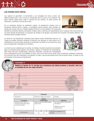 70 TOMA DE DECISIONES DEL ÁMBITO PERSONAL Y SOCIAL
Las virtudes como valores.
Los valores se aprenden, se transmiten y se contagian de unos a otros; son
determinantes para ir por la vida se construyen poco a poco y con esfuerzo. No
tener valores quiere decir estar a merced de los vientos, no tener puntos de
referencia, ir perdido el rumbo de la vida.
En un ambiente familiar se aprenden valores; la experiencia familiar con su
dimensión afectiva lleva a captar y a privilegiar ciertos valores, pero también se
puede dar el caso que de un padre egoísta se forme un hijo solidario. En la escuela
también se enseñan valores y principios morales, pero a menudo son aprendidos como cualquier otro conocimiento y
no como pautas de actuación. Los grupos de amigos y los grupos, que gozan de una gran vinculación afectiva, son
eficientes para contagiar valores.
La virtud es una disposición individual para realizar actos moralmente buenos, los
cuales se pueden alcanzar mediante la práctica, por ejemplo un acto bueno es la
solidaridad, la cual se puede alcanzar si se decide y se tienen en la conciencia, para
que se quede bien marcada en el individuo.
La virtud es una cualidad que se cultiva, se trabaja. Cuando la persona se propone
algo y se esfuerza para lograrlo. Por ejemplo, alguien no entiende las matemáticas,
pero hace todo por comprenderla: ejercicios, asesorías, consulta con compañeros
que se distinguen por ser muy hábiles, es decir, que no se nace con la virtud, ésta se adquiere mediante el esfuerzo.
Es la virtud el uso de la disciplina y constancia, es decir, hay que acordarse de lo que se quiere hacer, no dejar un día
de practicar la virtud que se desea tener.
Evaluación
Actividad: 4 Producto: Listado de virtudes. Puntaje :
Saberes
Conceptual Procedimental Actitudinal
Identifica las virtudes que
necesita cultivar para crecer
como ser humano.
Detecta virtudes indispensables
para la vida.
Se muestra atento al desarrollo
del ejercicio.
Reflexiona y asume
compromisos.
Autoevaluación
C MC NC Calificación otorgada por el
docente
___________________________________________________________________________________________________
___________________________________________________________________________________________________
___________________________________________________________________________________________________
___________________________________________________________________________________________________
___________________________________________________________________________________________________
___________________________________________________________________________________________________
___________________________________________________________________________________________________
Realiza un listado de 15 virtudes que consideras que debes practicar y recordar, esto con
la finalidad de ser una mejor persona.
Actividad: 4
 
