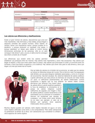 72 TOMA DE DECISIONES DEL ÁMBITO PERSONAL Y SOCIAL
Evaluación
Actividad: 5 Producto: Reflexión. Puntaje :
Saberes
Conceptual Procedimental Actitudinal
Descubre en la lectura virtudes
humanas.
Detecta las virtudes que se
refieren en el texto.
Participa en la actividad.
Realiza argumentaciones
congruentes.
Autoevaluación
C MC NC Calificación otorgada por
el docente
Los valores sus diferencias y clasificaciones.
Existe un gran número de valores, descubrimos que unos son
más importantes, más hermosos y más nobles, porque llegan a
aspectos centrales del corazón humano. Otros valores, en
cambio, tienen una importancia menor, porque quedan en lo
periférico, o porque producen un resultado muy pobre, o
porque satisfacen un deseo pero dañan al mismo tiempo
dimensiones profundas de las personas. ¿No es un valor
conseguir más dinero?, pero, ¿no es un daño enorme conseguir
ese dinero a través de un fraude?
Las diferencias que existen entre los valores permiten
establecer una jerarquía entre los mismos. Hay valores más importantes y otros más accesorios. Hay valores que
llegan al espíritu y otros que miran sobre todo al cuerpo. Hay valores que promueven la unión y la armonía entre los
hombres y otros que llevan al egoísmo y a la violencia. Hay valores que sirven sólo para la vida terrena y otros que
llegan a la vida que existe tras la muerte.
Hoy se habla de valores en el ámbito de la economía: se sabe que los valores
se cotizan en diferentes bolsas del mundo. Pero el término 'valor' ha traspasado
este ámbito y se usa para designar realidades apreciadas y, como en el campo
de la economía, más bien escasas. Así, estamos hablando de valores estéticos
cuando afirmamos que esta pintura es hermosa (el conjunto de notas recibe
un” plus", lo calificamos positivamente); de valores intelectuales cuando
conocemos a alguien que es muy brillante; de valores vitales cuando
afirmamos que tenemos muy buena salud;
de valores éticos cuando exigimos igualdad a
la hora de establecer la convivencia en la
pareja; de valores religiosos cuando
calificamos de sagrado una imagen o libro;
de valores políticos cuando reclamamos a las
autoridades que se acerquen al ciudadano y
retomen los problemas que aquejan al
ciudadano. Los límites entre estos ámbitos
no es claro, por ejemplo: el valor de la
libertad, por ejemplo, tiene aspectos
intelectuales, éticos y políticos.
Muchos objetos pueden ser valiosos, tanto objetos naturales (el agua o el aire),
como objetos artificiales (unos tenis o una computadora). Pero estas valoraciones
no pertenecen al ámbito de la ética, son valoraciones que consideran la utilidad u
otros aspectos de ciertos objetos.
 