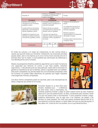 81BLOQUE 2
Evaluación
Actividad: 8
Producto: Investigación sobre la
consolidación de la libertad,
justicia e igualdad.
Puntaje :
Saberes
Conceptual Procedimental Actitudinal
Identifica cómo surge la
necesidad de vivir en libertad,
igualdad y justicia.
Localiza dónde se encuentran
plasmadas y concretizadas la
libertad, igualdad y justicia.
Establece los organismos que
defienden la existencia efectiva
de la libertad, igualdad y justicia.
Concluye la importancia de la
libertad, justicia e igualdad en la
vida de la sociedad.
Detecta dónde se contienen
concretamente los derechos de
libertad, justicia e igualdad.
Concluye qué organismos
defiende y exigen la presencia de
la libertad, justicia e igualdad en
el mundo.
Trabaja en forma efectiva en
equipo.
Los integrantes del equipo se
organizan y cumplen con las
funciones asignadas.
Muestran madurez y
responsabilidad en el desarrollo
del trabajo en equipo.
Se desenvuelven efectivamente y
consiguen metas.
Coevaluación
C MC NC Calificación otorgada por el
docente
En todas las culturas y en todas las civilizaciones se dan normas éticas y
valores que asumen todos sus miembros. Ciertamente, los contenidos de estas
pautas varían, pero si nos fijamos ya no en la norma moral concreta sino en el
principio ético que la inspira, lo que posibilita que disminuyan las diferencias y
nos identifiquemos como humanos.
Desde una perspectiva filosófica podemos argumentar que la razón humana es
una capacidad que tenemos en común y que hace posible, utilizando
argumentos, ir más allá del punto de vista particular, sobre todo al reconocer en
general la importancia de que la libertad, justicia e igualdad sean una realidad.
Esta razón compartida nos permite hablar de una humanidad compartida: entre
los humanos no pueden haber diferencias tan grandes que hagan imposible
unas exigencias mínimas compartidas.
Una ética mínima compartida puede ser asumida, pese a las discrepancias de
ideas y religiones que existen en el mundo.
Fernando Savater en su libro Ética para
Amador, establece que: …” a diferencia
de otros seres, vivos o inanimados, los
hombres podemos inventar y elegir en parte nuestra forma de vida. Podemos
optar por lo que nos parece bueno, es decir, conveniente para nosotros, frente
a lo que nos parece malo e inconveniente. Y como podemos inventar y elegir,
podemos equivocarnos, que es algo que a los castores, las abejas y las
termitas no suele pasarles. De modo que parece prudente fijarnos bien en lo
que hacemos y procurar adquirir un cierto saber vivir que nos permita acertar. A
ese saber vivir, o arte de vivir si se prefiere, es a lo que llamamos Ética…”
 