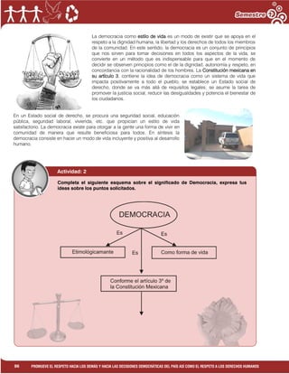 1
86 PROMUEVE EL RESPETO HACIA LOS DEMÁS Y HACIA LAS DECISIONES DEMOCRÁTICAS DEL PAÍS ASÍ COMO EL RESPETO A LOS DERECHOS HUMANOS
La democracia como estilo de vida es un modo de existir que se apoya en el
respeto a la dignidad humana, la libertad y los derechos de todos los miembros
de la comunidad. En este sentido, la democracia es un conjunto de principios
que nos sirven para tomar decisiones en todos los aspectos de la vida, se
convierte en un método que es indispensable para que en el momento de
decidir se observen principios como el de la dignidad, autonomía y respeto, en
concordancia con la racionalidad de los hombres. La Constitución mexicana en
su artículo 3, contiene la idea de democracia como un sistema de vida que
impacta positivamente a todo el pueblo, se establece un Estado social de
derecho, donde se va más allá de requisitos legales; se asume la tarea de
promover la justicia social, reducir las desigualdades y potencia el bienestar de
los ciudadanos.
En un Estado social de derecho, se procura una seguridad social, educación
pública, seguridad laboral, vivienda, etc. que propician un estilo de vida
satisfactorio. La democracia existe para otorgar a la gente una forma de vivir en
comunidad de manera que resulte beneficiosa para todos. En síntesis la
democracia consiste en hacer un modo de vida incluyente y positiva al desarrollo
humano.
Actividad: 2
Completa el siguiente esquema sobre el significado de Democracia, expresa tus
ideas sobre los puntos solicitados.
 