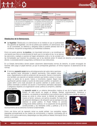 1
94 PROMUEVE EL RESPETO HACIA LOS DEMÁS Y HACIA LAS DECISIONES DEMOCRÁTICAS DEL PAÍS ASÍ COMO EL RESPETO A LOS DERECHOS HUMANOS
Evaluación
Actividad:5
Producto: Tabla comparativa con
ilustraciones.
Puntaje:
Saberes
Conceptual Procedimental Actitudinal
Reconoce el estado de Derecho
y las acciones de. Ilegalidad que
acontecen en su comunidad,
mediante el análisis de un
periódico local.
Distinguen a partir del análisis de
un periódico local los actos que
acontecen en su comunidad se
enmarcan cuales de estos se
enmarcan dentro del estado de
Derecho y señala a su vez los
actos ilegales.
Actúa responsablemente y se
coordina con su compañero de
equipo.
Coevaluación
C MC NC Calificación otorgada por el
docente
Obstáculos de la Democracia.
 La ilegalidad. Obstaculiza a la democracia en la medida en que al quebrantarse
esa garantía de legalidad, uno de los pilares que sostiene a la democracia, ésta
no se consolidará, se deteriora y desgasta hasta la posible pérdida total de la
confianza, incluyendo la seguridad y la credibilidad ciudadana.
Como se puede apreciar, la injusticia y la impunidad concurren y se constituyen en
una barrera que frena a la democracia en tanto que no se aplica la ley, no se aplican
las sanciones y castigos a quienes se hagan acreedores a ello y no se cumplen con
las formalidades que imponen los procesos que la ley electoral prevé. El estado de derecho y la democracia se
afectan, la sociedad pierde la seguridad y confianza en sus instituciones.
En un Estado democrático donde existen claramente determinadas normas de derecho, el poder encargado de
hacerlas valer juega un papel esencial, ya que le corresponde garantizar, en forma imparcial, la observancia de las
normas.
 El término represión social deriva etimológicamente del verbo latino reprimere,
que significa hacer retroceder o detener oprimiendo. Esta palabra indica,
pues, originalmente no sólo la contención de una acción, fuerza o movimiento,
sino también una reacción en sentido contrario que tiende a reducir e incluso
anular la fuente de la acción, fuerza o movimiento original. Según ésta
significación general, desde un punto de vista social o político, la represión, se
puede definir como toda actuación de quienes ostentan el poder social o
político orientada a contener una acción o movimientos estimados desviados
o peligrosos respecto a la organización social, política al comprimir y debilitar
a sus agentes.
La represión social en un sistema democrático implica el uso de la fuerza y poder del
Estado, en esta acción se niegan el diálogo, libertad, argumentación, tolerancia y
pluralismo, se presenta el autoritarismo que provoca que la democracia pierda su esencia,
porque se anula la crítica social, la libertad de expresión, se
impone el temor, censura y se oprime al pueblo. Es toda forma
de oposición ideológica o de actuación que se oponga a los que
detentan el poder político. El Poder Político la concreta
configurando delitos políticos, en la suspensión de las garantías
constitucionales y las libertades civiles y políticas y en el no
reconocimiento de los derechos humanos fundamentales.
Como una forma sutil de represión social se puede señalar: Las campañas negras,
realizadas principalmente en los medios de comunicación o masivos, controlados por el
Estado, en el cual se atemoriza y desprestigia una idea política al falsear información de un
partido o candidato.
 