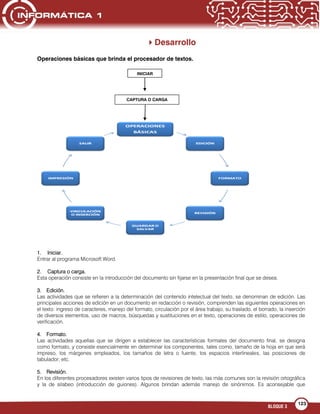 BLOQUE 3
123
Desarrollo
Operaciones básicas que brinda el procesador de textos.
1. Iniciar.
Entrar al programa Microsoft Word.
2. Captura o carga.
Esta operación consiste en la introducción del documento sin fijarse en la presentación final que se desea.
3. Edición.
Las actividades que se refieren a la determinación del contenido intelectual del texto, se denominan de edición. Las
principales acciones de edición en un documento en redacción o revisión, comprenden las siguientes operaciones en
el texto: ingreso de caracteres, manejo del formato, circulación por el área trabajo, su traslado, el borrado, la inserción
de diversos elementos, uso de macros, búsquedas y sustituciones en el texto, operaciones de estilo, operaciones de
verificación.
4. Formato.
Las actividades aquellas que se dirigen a establecer las características formales del documento final, se designa
como formato, y consiste esencialmente en determinar los componentes, tales como, tamaño de la hoja en que será
impreso, los márgenes empleados, los tamaños de letra o fuente, los espacios interlineales, las posiciones de
tabulador, etc.
5. Revisión.
En los diferentes procesadores existen varios tipos de revisiones de texto, las más comunes son la revisión ortográfica
y la de silabeo (introducción de guiones). Algunos brindan además manejo de sinónimos. Es aconsejable que
INICIAR
CAPTURA O CARGA
 