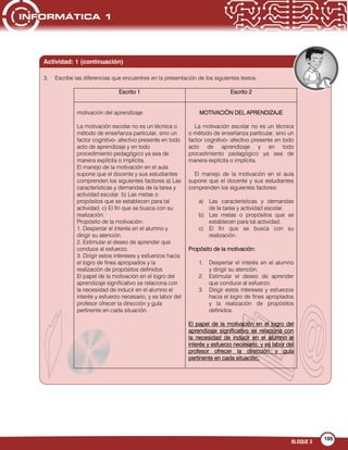 BLOQUE 3
105
Actividad: 1 (continuación)
3. Escribe las diferencias que encuentres en la presentación de los siguientes textos.
Escrito 1 Escrito 2
motivación del aprendizaje
La motivación escolar no es un técnica o
método de enseñanza particular, sino un
factor cognitivo- afectivo presente en todo
acto de aprendizaje y en todo
procedimiento pedagógico ya sea de
manera explícita o implícita.
El manejo de la motivación en el aula
supone que el docente y sus estudiantes
comprenden los siguientes factores a) Las
características y demandas de la tarea y
actividad escolar. b) Las metas o
propósitos que se establecen para tal
actividad. c) El fin que se busca con su
realización.
Propósito de la motivación:
1. Despertar el interés en el alumno y
dirigir su atención.
2. Estimular el deseo de aprender que
conduce al esfuerzo.
3. Dirigir estos intereses y esfuerzos hacia
el logro de fines apropiados y la
realización de propósitos definidos
El papel de la motivación en el logro del
aprendizaje significativo se relaciona con
la necesidad de inducir en el alumno el
interés y esfuerzo necesario, y es labor del
profesor ofrecer la dirección y guía
pertinente en cada situación.
MOTIVACIÓN DEL APRENDIZAJE
La motivación escolar no es un técnica
o método de enseñanza particular, sino un
factor cognitivo- afectivo presente en todo
acto de aprendizaje y en todo
procedimiento pedagógico ya sea de
manera explícita o implícita.
El manejo de la motivación en el aula
supone que el docente y sus estudiantes
comprenden los siguientes factores:
a) Las características y demandas
de la tarea y actividad escolar.
b) Las metas o propósitos que se
establecen para tal actividad.
c) El fin que se busca con su
realización.
Propósito de la motivación:
1. Despertar el interés en el alumno
y dirigir su atención.
2. Estimular el deseo de aprender
que conduce al esfuerzo.
3. Dirigir estos intereses y esfuerzos
hacia el logro de fines apropiados
y la realización de propósitos
definidos.
El papel de la motivación en el logro del
aprendizaje significativo se relaciona con
la necesidad de inducir en el alumno el
interés y esfuerzo necesario, y es labor del
profesor ofrecer la dirección y guía
pertinente en cada situación.
 