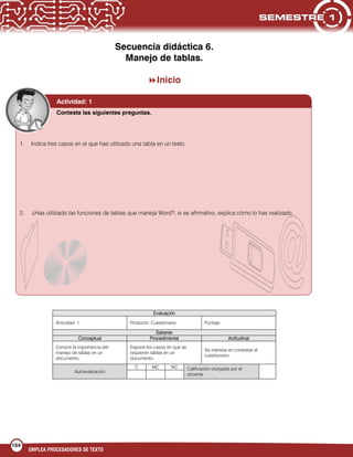 154
EMPLEA PROCESADORES DE TEXTO
Secuencia didáctica 6.
Manejo de tablas.
Inicio
Evaluación
Actividad: 1 Producto: Cuestionario Puntaje:
Saberes
Conceptual Procedimental Actitudinal
Conoce la importancia del
manejo de tablas en un
documento.
Expone los casos en que se
requieren tablas en un
documento.
Se interesa en contestar el
cuestionario.
Autoevaluación
C MC NC Calificación otorgada por el
docente
ctividad 1:
Contesta las siguientes preguntas.
1. Indica tres casos en el que has utilizado una tabla en un texto.
2. ¿Has utilizado las funciones de tablas que maneja Word?, si es afirmativo, explica cómo lo has realizado.
Actividad: 1
 